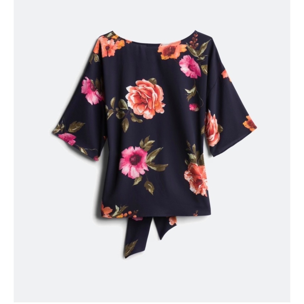 West Kei Floral Blouse Womens Medium Navy Tie Waist Kimono Sleeve Top